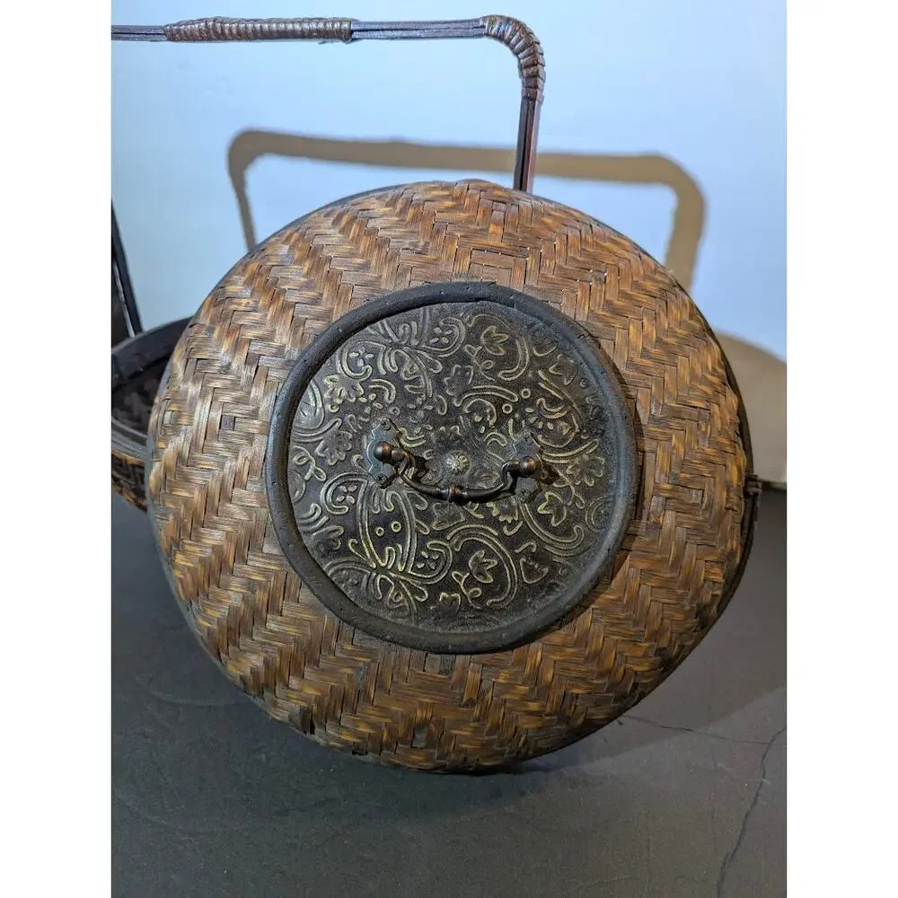 Vintage Woven Bamboo Wedding Basket Lid Chinoiserie Boho Decor